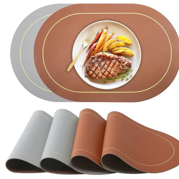 NWOT 4 PACK Double Sided Faux Leather Placement Oval - Brown + Grey - Picture 3 of 3